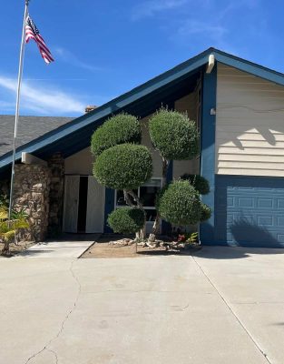 House with fresh exterior paint, blue accents, and well-maintained landscaping.